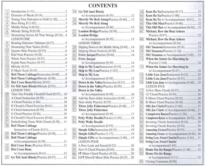 Table of contents listing dulcimer songs with their corresponding page numbers from a beginning level book, accompanied by an online audio component.