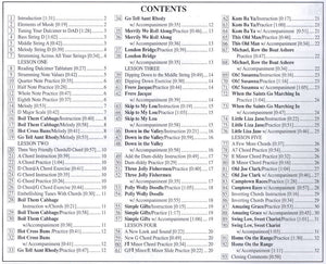 Table of contents listing dulcimer songs with their corresponding page numbers from a beginning level book, accompanied by an online audio component.