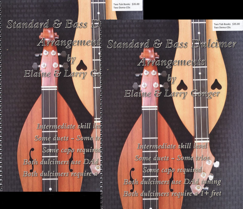 The cover of "Standard and Bass Dulcimer Arrangements" by Larry Conger features two dulcimers. The book outlines skill levels and requirements for playing, complemented by downloadable audio tracks of Larry's original compositions to enrich your learning journey.