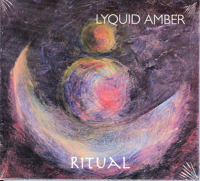 Album cover featuring a blend of abstract dark and light colors with circular shapes, titled "Ritual" by Evo Bluestein, with "Lyquid Amber" displayed at the top.