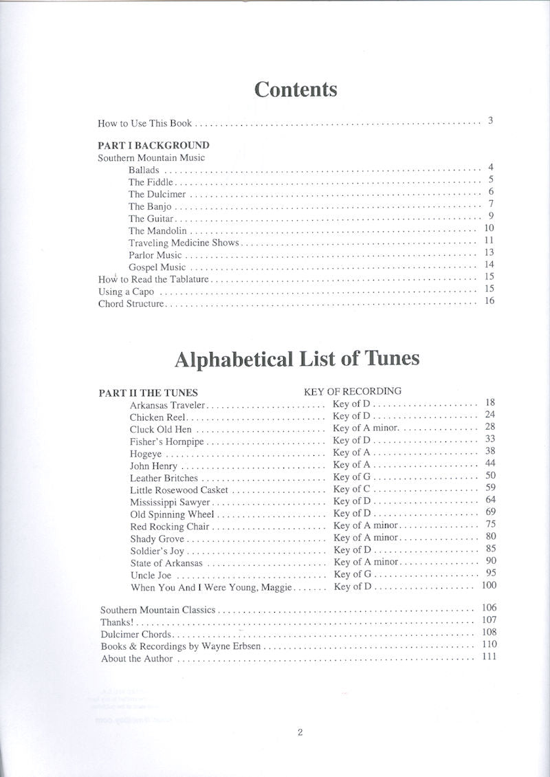 Table of contents for a book, showing two sections: "how to use this book" and "alphabetical key of classic tunes for the Southern Mountain Dulcimer by Wayne Erbsen" with corresponding page numbers.
