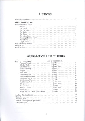 Table of contents for a book, showing two sections: "how to use this book" and "alphabetical key of classic tunes for the Southern Mountain Dulcimer by Wayne Erbsen" with corresponding page numbers.