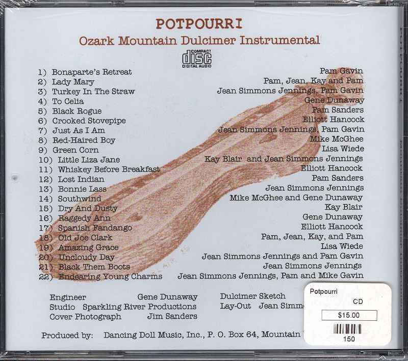 CD cover of "Potpourri by Dancing Doll" featuring a track list and names of contributors. Price sticker shows $15.00.