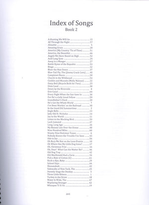 Index of familiar tunes from "DNA* Dulcimer Ditties, Book 2" with titles and corresponding page numbers listed in two columns on a printed page.