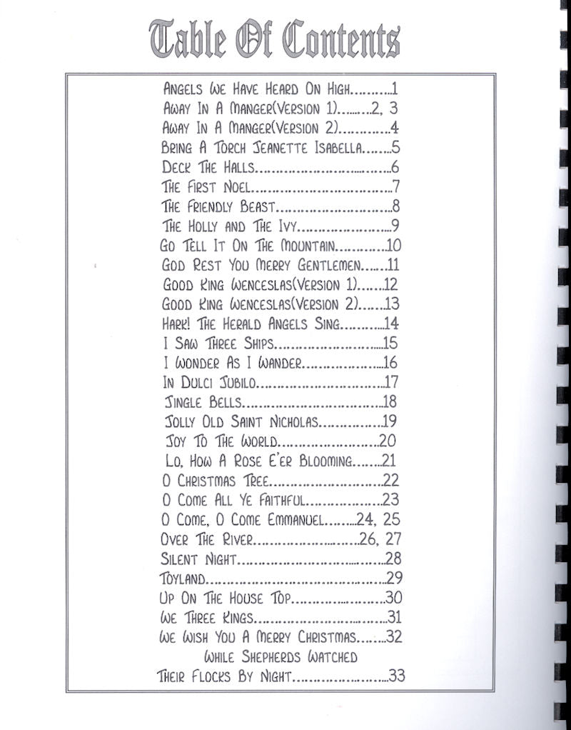 A table of contents for a Collection of Christmas Songs - by Red Dog Jam book featuring Christmas Songs arranged for Mountain Dulcimer.