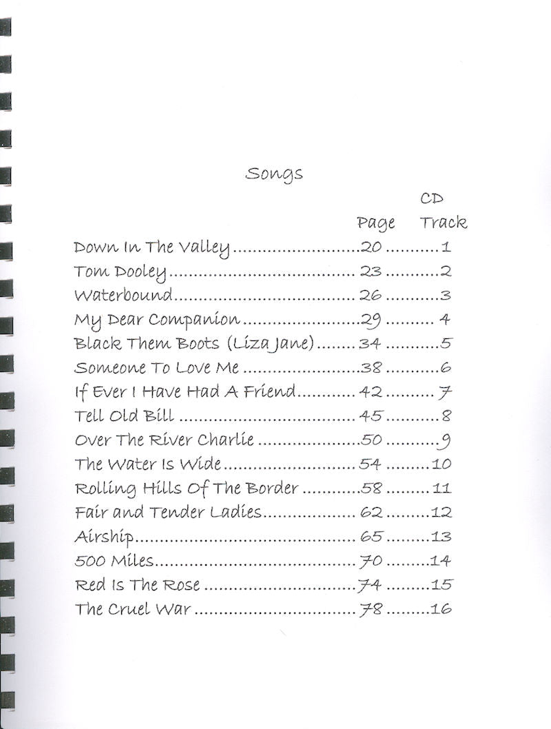 Handwritten list of song titles with corresponding page and CD track numbers in a spiral notebook for Someone To Love Me (D-A-D) - by Judy Klinkhammer tuning jam along.