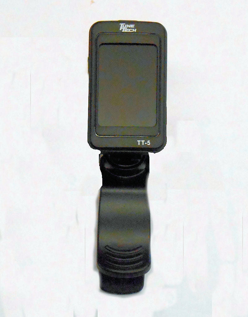 A cell phone with a Tune Tech TT-5 Chromatic Vibration Tuner attached to it.
