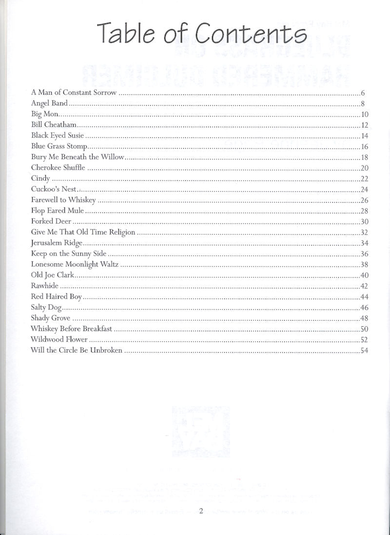 Table of contents for a music-related publication with listed Bluegrass On Hammered Dulcimer - by Jeanne Page tunes and their corresponding page numbers, focusing on the bluegrass repertoire.