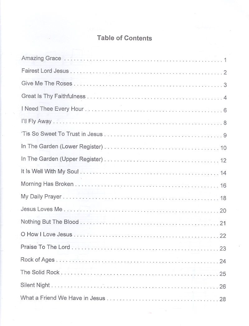 The table of contents of a book featuring Hymns From The Heart - by Linda Brockinton fingerpicking arrangements.