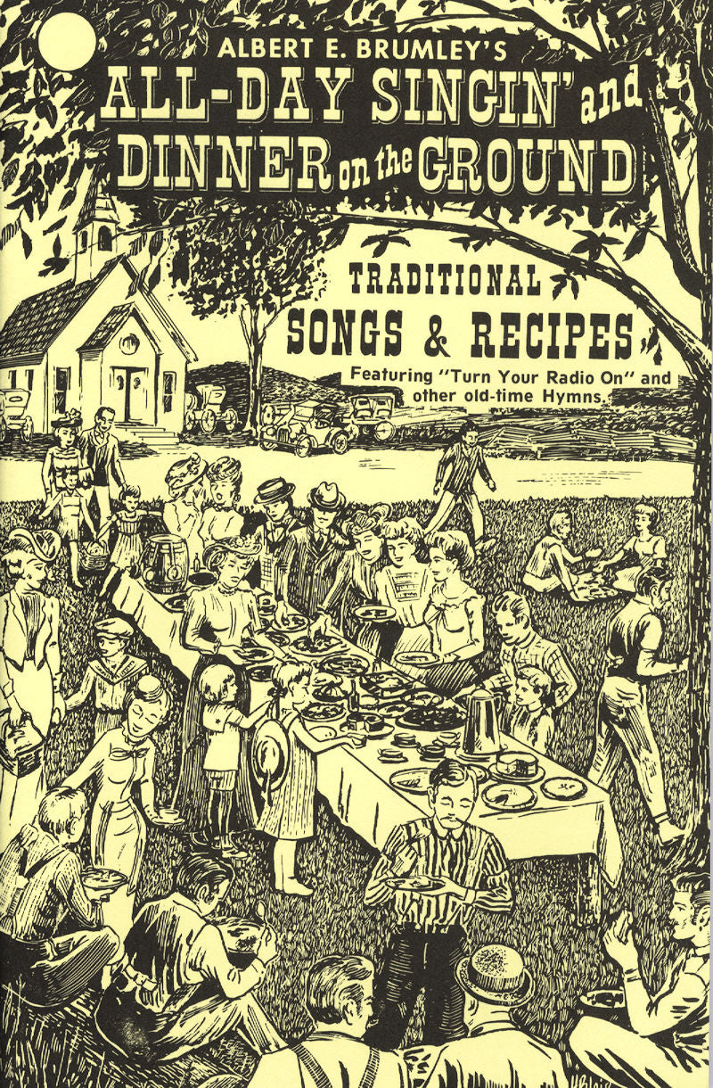Vintage illustration of a communal outdoor meal with people gathered at long tables, titled "All Day Singing/Dinner on the Ground by Albert Brumley," featuring traditional hymns and recipes.