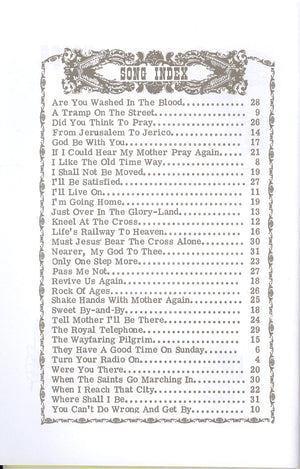 A page of the Camp Meetin' Songs book containing church services and songs.