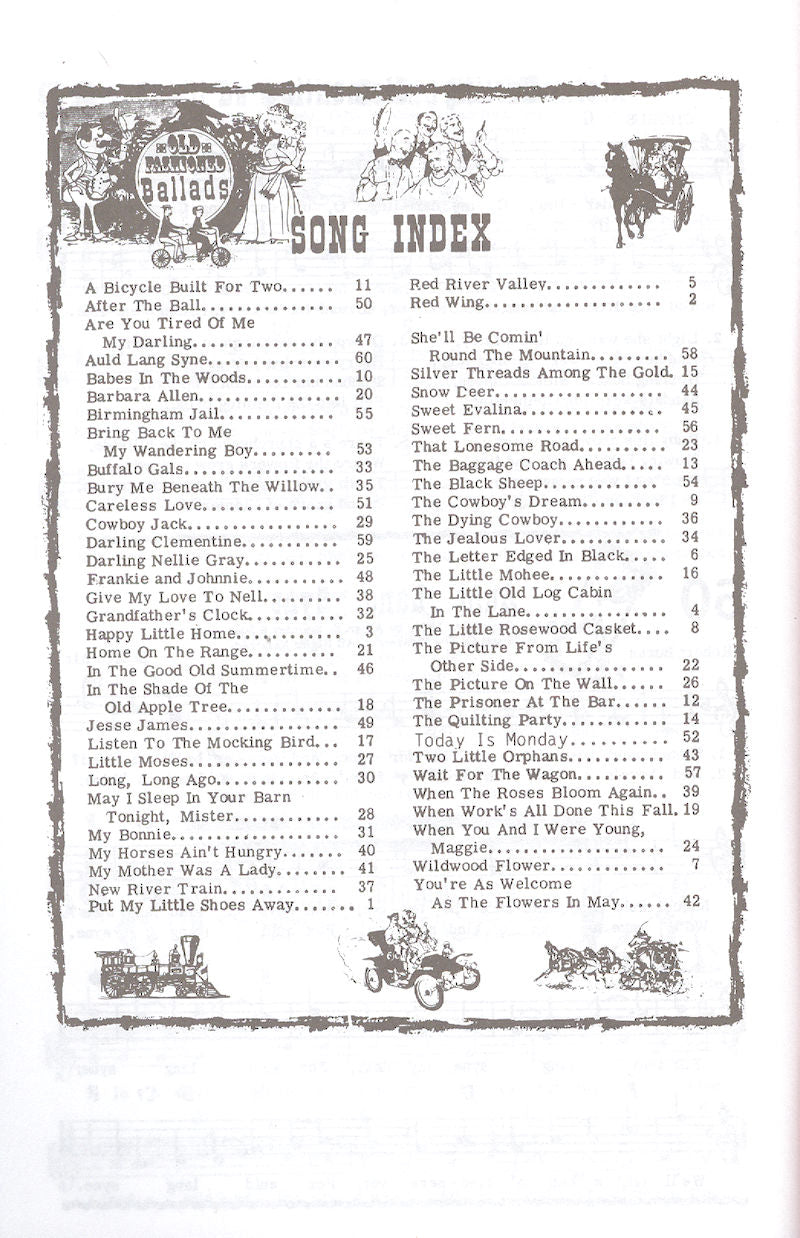 A black and white collection of Songs of the Pioneers, Book 1 - by Albert Brumley, including ballads, in an index format.