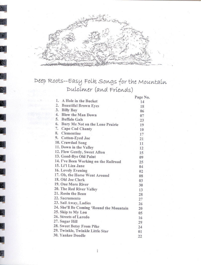 Table of contents for an instruction book titled "Deep Roots - by Helen Johnson," showcasing a list of song titles with corresponding page numbers and a sketch of a mountain landscape above.