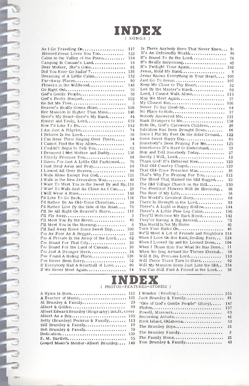 A spiral bound book with a list of The Best of Brumley - by Albert Brumley songs and corresponding numbers.