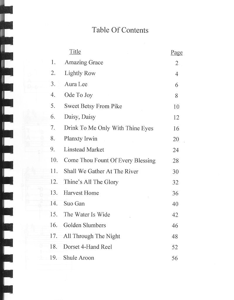 A table of contents for Tunes For Two or More, Vol 2 - by Nina Zanetti and Beth Lassi.