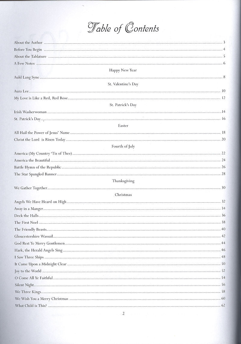 Image showing a page from 'Tis the Season Book by Jeanne Page titled "Table of contents" listing various chapter titles including "Christmas tunes" and their corresponding page numbers in a formal layout.