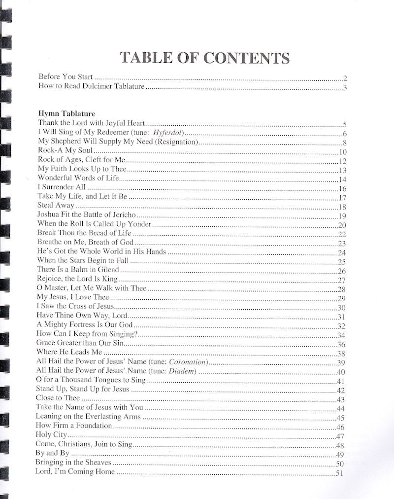 A table of contents for Sacred Hymns of Old Church - by Joe Collins, a book about mountain dulcimer capo use in DAD tuning.
