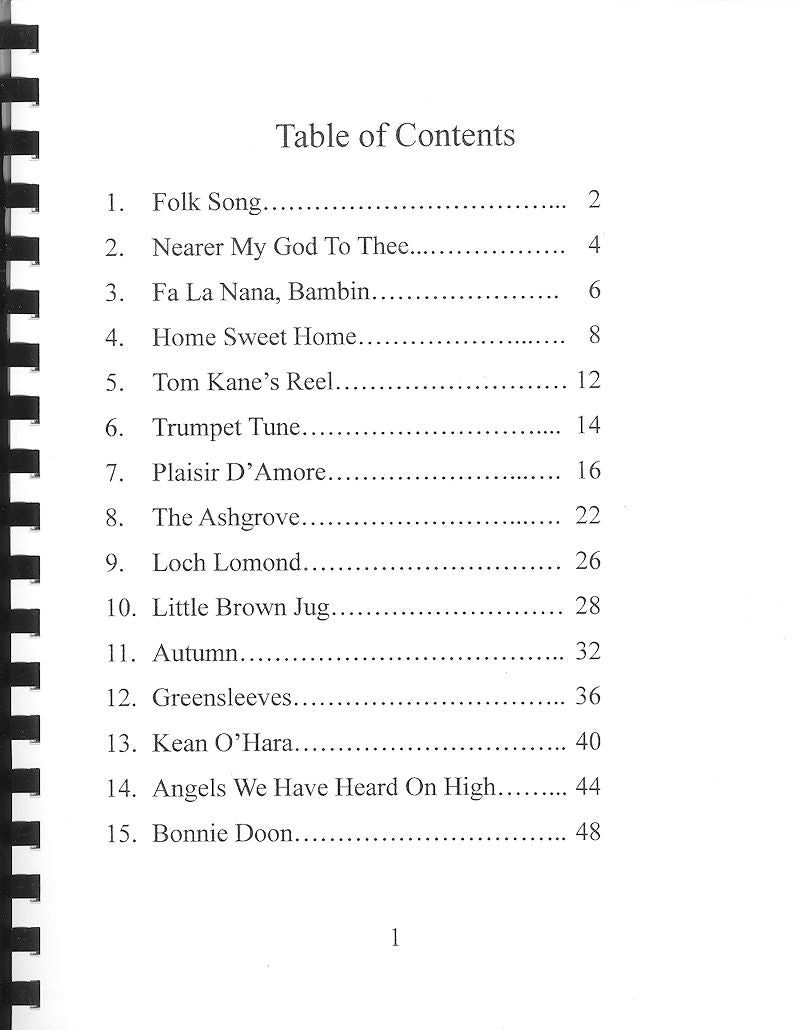 A table of contents for "Tunes For Two or More, Vol 1" with a black and white background.
