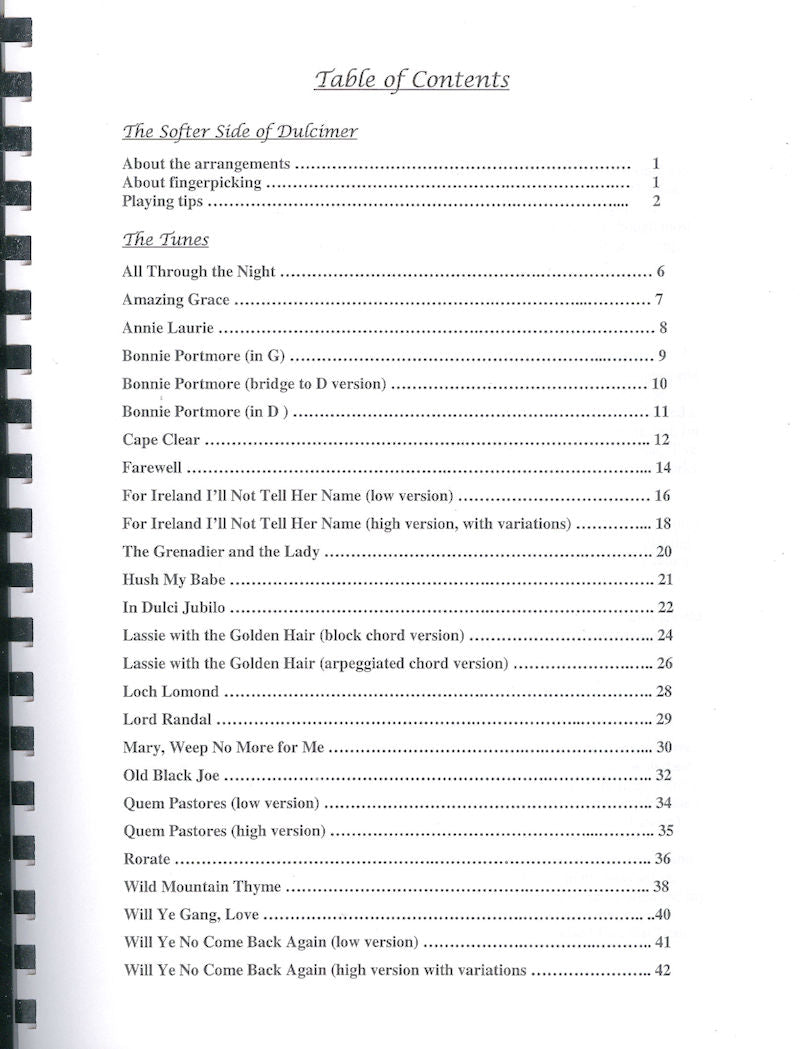 Table of contents listing various song titles and associated page numbers. The sections include "Softer Side of the Dulcimer - by Nina Zanetti," and "The Tunes," featuring songs in D-A-D tuning and arrangements suitable for intermediate finger picking.