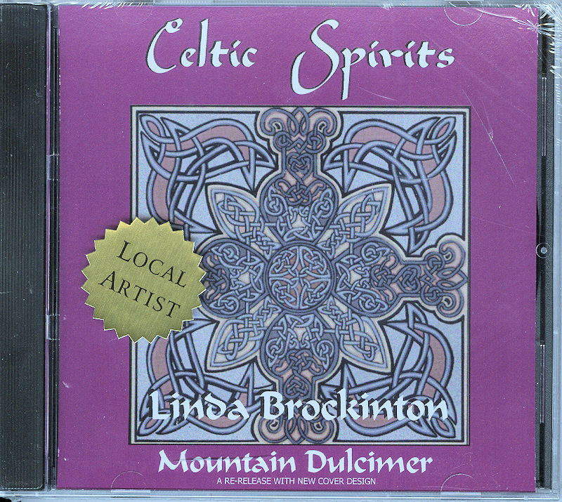 CD cover of the product "Celtic Spirits by Linda Brockinton," showcasing an intricate Celtic knot design and a gold sticker labeled "Local Artist," with the subtitle "Mountain Dulcimer".