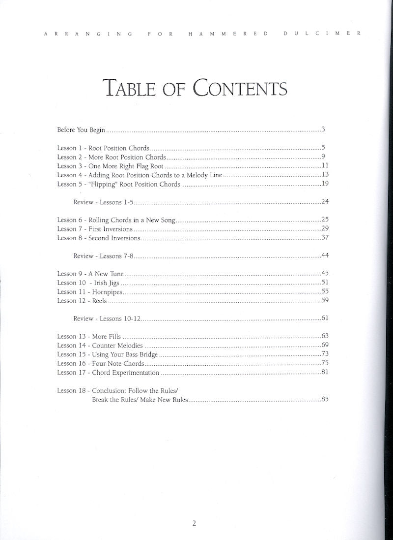 A table of contents is shown on a white page, providing the foundation for Arranging for Hammered Dulcimer - by Jeanne Page within.