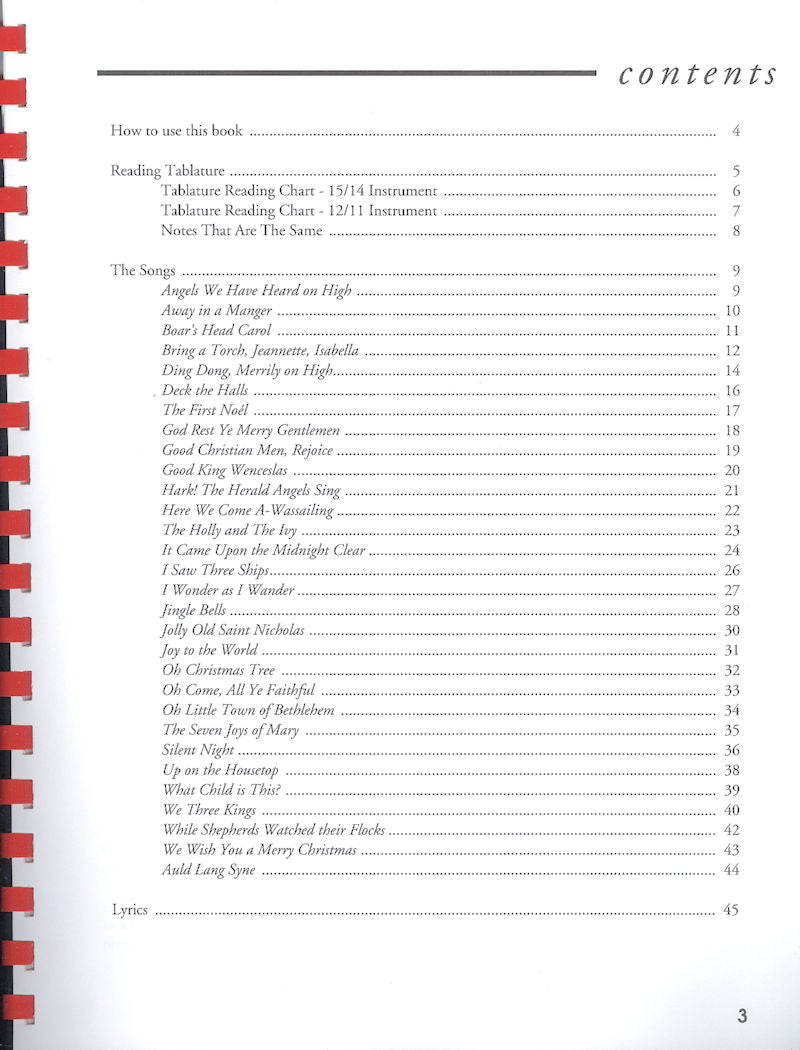 The contents of "We Wish You A Merry Christmas - by Kendra Ward-Bence" with a red and black cover featuring holiday favorites and Christmas carols.
