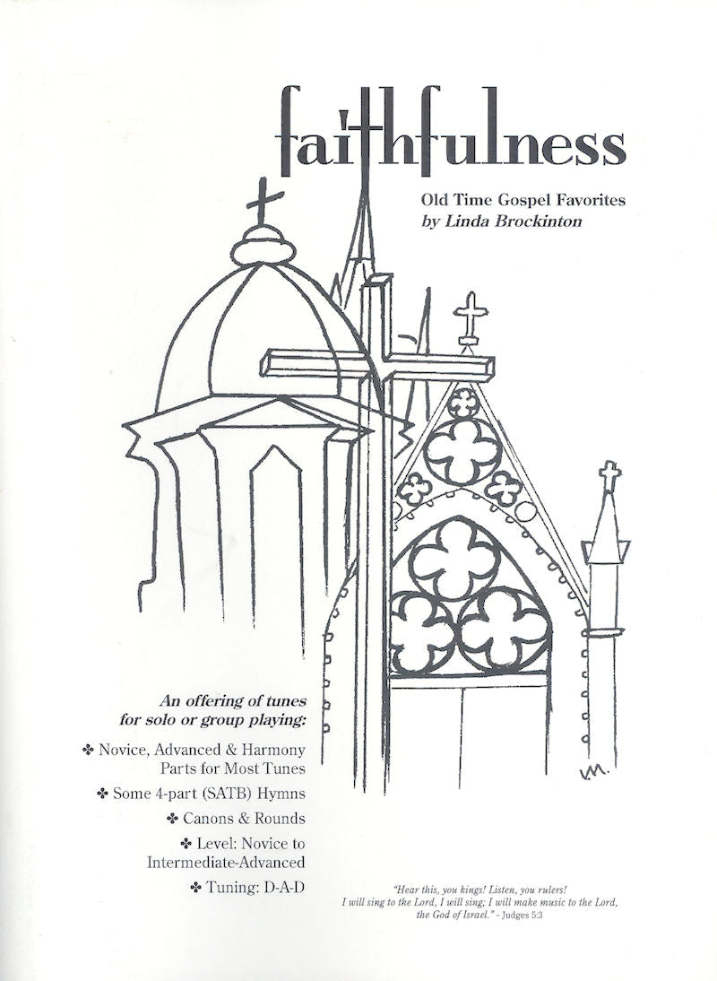 Cover image of "Faithfulness Book" by Linda Brockinton. Illustrated with a church steeple and gothic elements, the book offers music for various skill levels from beginner to advanced, including hymns, rounds, and fingerpicking techniques.