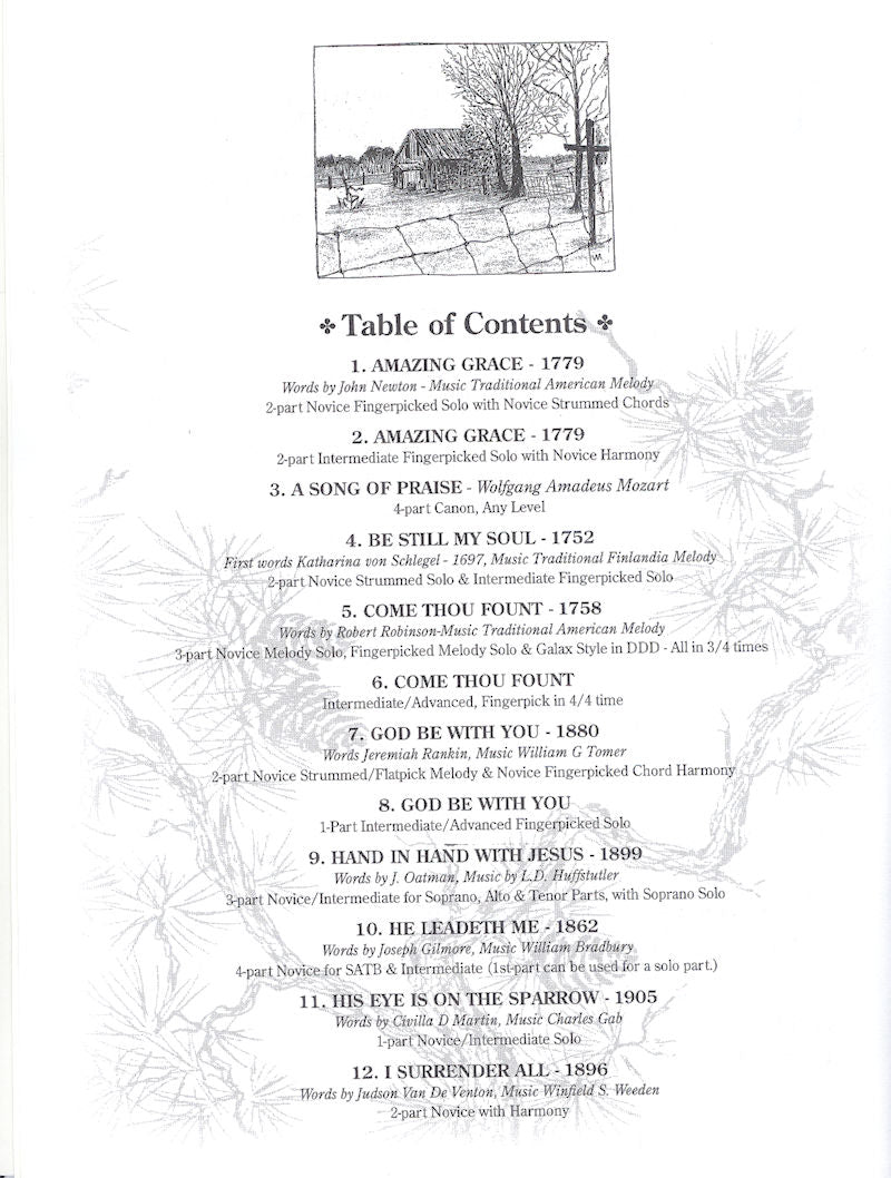 The table of contents for the Faithfulness Book - by Linda Brockinton featuring Gospel Hymns and Fingerpicking songs.