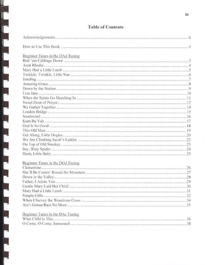 The table of contents of the Dulcimer Basics - by Joe Collins, a spiral notebook designed for beginners, featuring SEO keywords for the Mountain Dulcimer Primer.