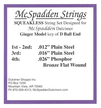 Ms Squeakless String Set for Ginger Dulcimer - Key of D, Ball End - squareless Phosphor Bronze string set designed for ginger with flat ribbon winding.