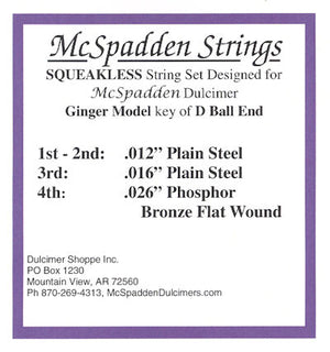 Label for Ginger Squeakless Key of D String Set BALL End for McSpadden Model Dulcimer, utilizing Phosphor Bronze materials and precise string gauges. Contact info included.