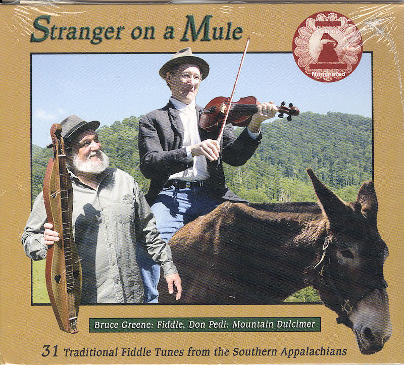 In a grassy field, two men with musical instruments sit on a mule. One holds a mountain dulcimer, while the other plays a fiddle. The text reads "Stranger on a Mule" by Don Pedi, accompanied by additional album details.