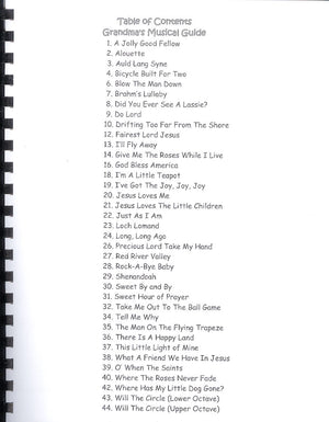 The table of contents of Grandma's Musical Guide - by Red Dog Jam, featuring Mountain Dulcimer and Gospel Songs.