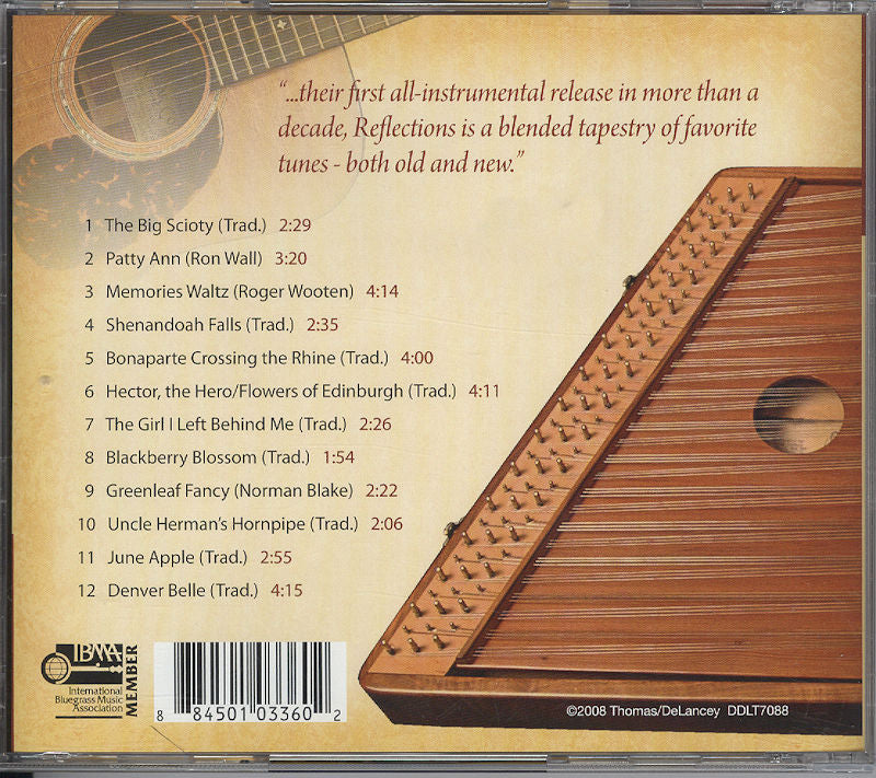 Back cover of the album "Reflections by Linda Thomas" showcasing the tracklist and an image of a dulcimer. This album features 12 instrumental songs.