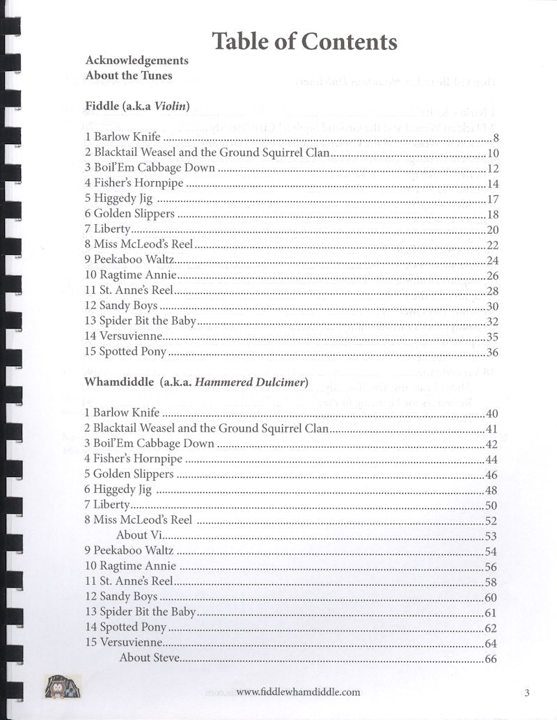 Sentence with product name: Table of contents from a music book titled "Fiddle Whamdiddle Old School Old Time by Steve Eulberg and Vi Wickam," listing fiddle tunes with titles and corresponding page numbers, included in the accompanying CD.