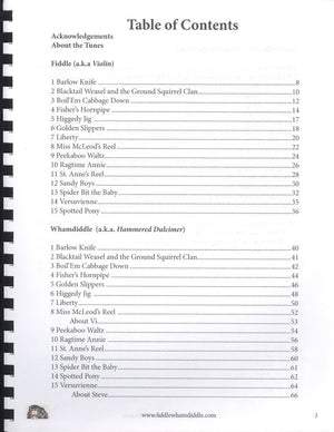 Sentence with product name: Table of contents from a music book titled "Fiddle Whamdiddle Old School Old Time by Steve Eulberg and Vi Wickam," listing fiddle tunes with titles and corresponding page numbers, included in the accompanying CD.