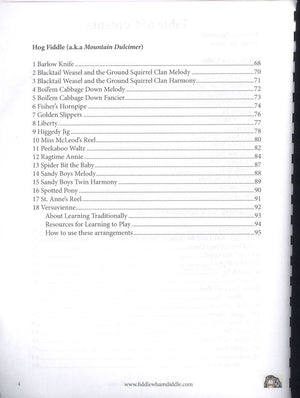 Table of contents for Fiddle Whamdiddle Old School Old Time by Steve Eulberg and Vi Wickam, listing chapter titles and page numbers, displayed in black and white, showing signs of scanning artifacts.