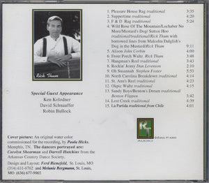 CD back cover for "Front Porch Waltz" by Rick Thum featuring a black and white photo of a man in a vest. It includes a list of 18 song titles with durations, details on guest appearances, cover information, and contact details at the bottom.