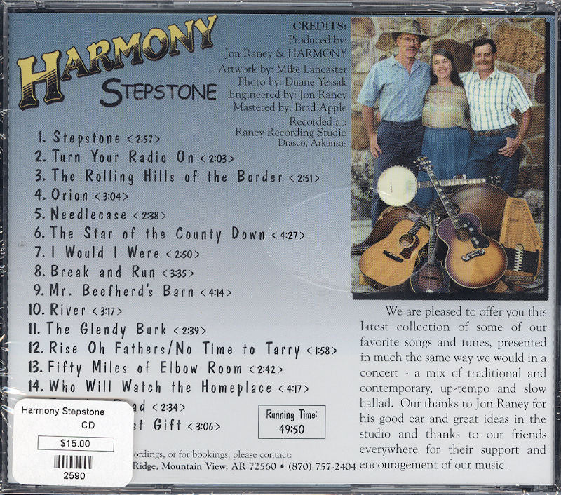 The CD cover for "Stepstone" by Harmony includes a tracklist, an image of three people with two acoustic guitars, and a note highlighting the band's musical tradition. It also displays a price tag and contact information.