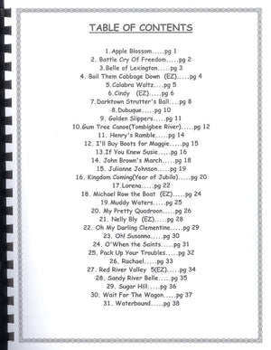 A table of contents for an easy to read tab book with 30 Tunes for the Banjo/Dulcimer featuring Red Dog Jam BookD-A-D songs.