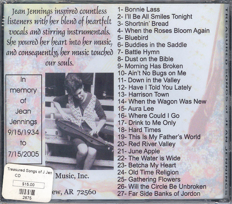 A vintage-looking photograph of a woman playing guitar, overlaid with text detailing a tracklist for the "Treasured Songs of Jean Jennings" music CD and a memorial dedication to Jean Jennings with dates.