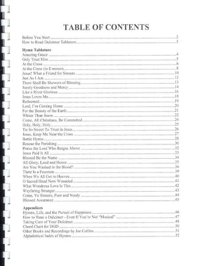 A table of contents featuring Simply Hymns D-G-D - by Joe Collins and melody notes, with a black background.