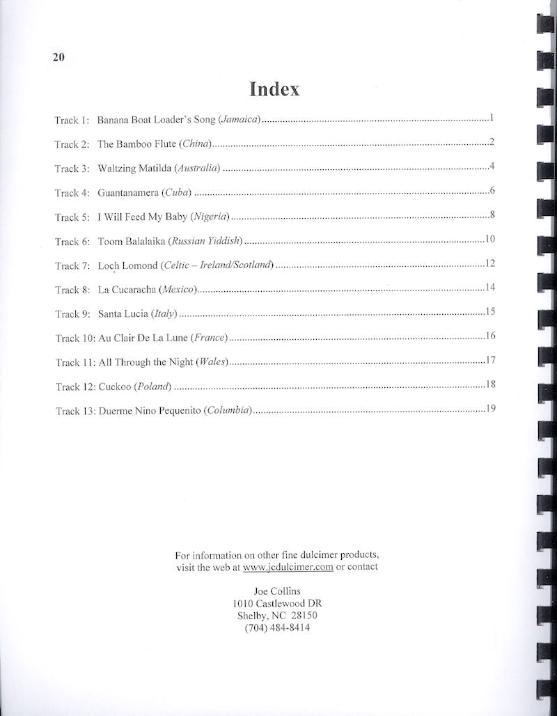 Index page presenting an array of music tracks from various countries, including folk songs. Each track is listed with its title and corresponding page number. Contact details for Joe Collins are provided at the bottom of the index in "Around the World with the Mountain Dulcimer" by Joe Collins.