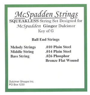 Label for Ginger Squeakless Key of G String Set BALL End: designed for the Ginger Dulcimer, featuring specifications - Melody String .010, Middle String .014, Bass String .026 phosphor bronze flat wound.