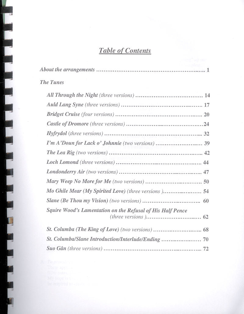 A table of contents for a book on Celtic Variations for Mountain Dulcimer for the intermediate/advanced player.