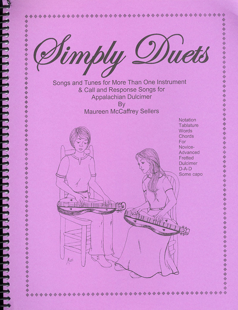 Cover of the book "Simply Duets - by Maureen Sellers" featuring line art of two people playing Appalachian dulcimers on a purple background, capturing the harmonious essence of tunes and instruments.
