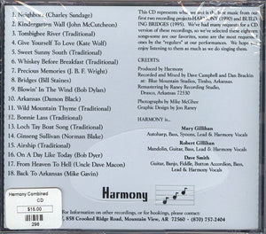 Back cover of Combined - by Harmony listing song titles and credits, with an address and barcode, presented in a typewriter font on a textured gray harmony background.