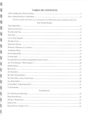 A table of contents for "Round after Round with the Dulcimer - by Joe Collins," accompanied by a companion CD, set against a white background.