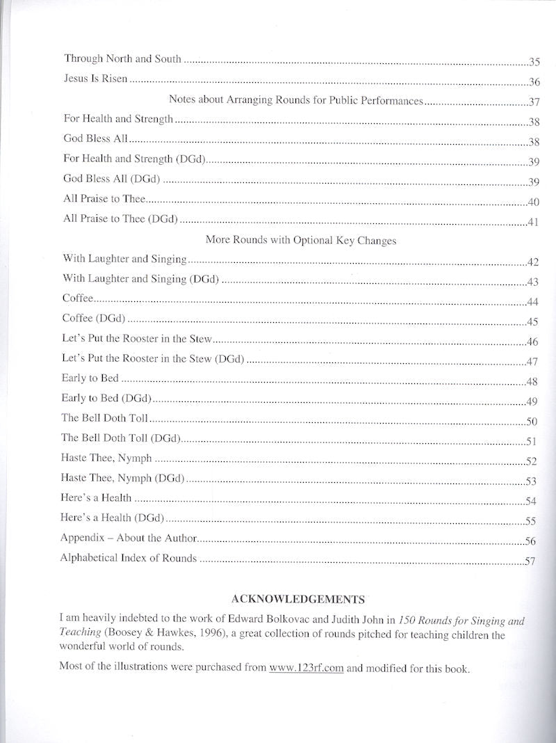 The table of contents in "Round after Round with the Dulcimer" by Joe Collins lists song titles, followed by an Acknowledgments section. Spanning pages 35 to 57, the content features a collection of rounds and other songs covering various themes and key changes.