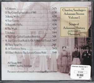 Cd back cover for "Arkansas Stories Vol 1 - by Harmony" featuring a track list and a historical black and white photo of people from an earlier era walking in harmony on a street